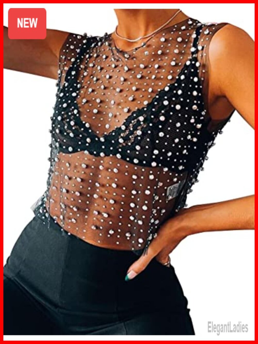 Sheer Mesh Rhinestone Crop Tank Sleeveless Crewneck See Through Party Top